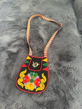 Handcrafted Black Embroidered Crossbody Bag with Multicolor Floral Design